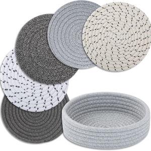 Trivets for Hot Dishes, Pots and Pans, Hot Pads with Storage Basket, Pot Holders for Kitchen, Heat Resistant Mat Protect Counter Home Essentials, Farmhouse Decor (Mix Gray 5 PCS)