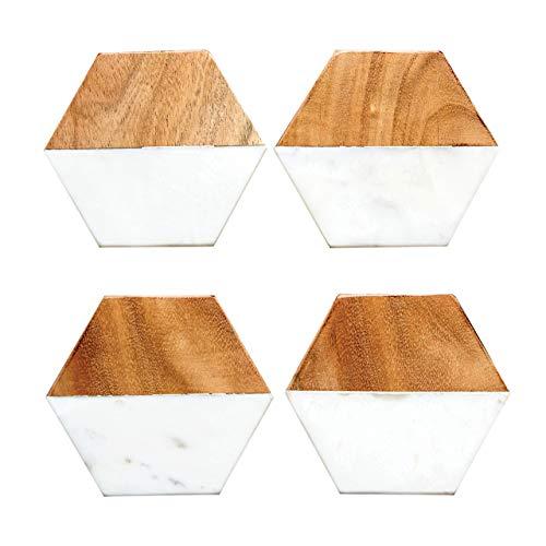 Creative Co-Op DA6336 Marble and Natural Mango Wood Coasters (Set of 4), Hexagon, Multicolored