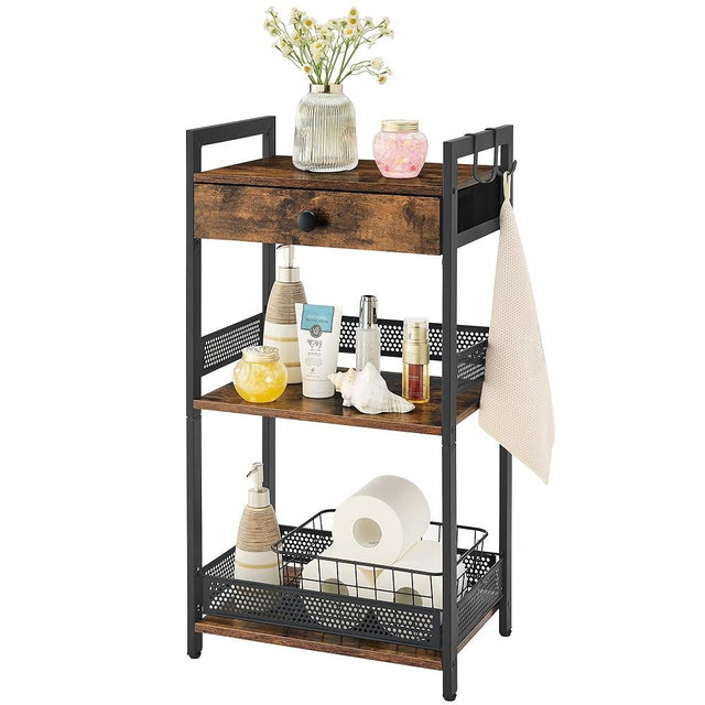 FAVOOSTY Bathroom Ladder Shelf, 3-Tier Bathroom Floor Storage Shelf with Drawer, Freestanding Towel Shelf, Bookcase End Table Open Shelving Unit for Living Room Bathroom Bedroom Balcony, Rustic Brown