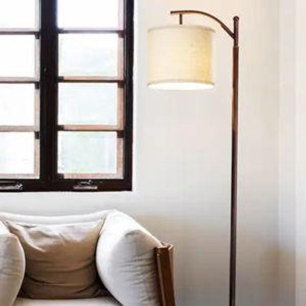 Brightech Montage 62 in. Mid-Century Modern LED Super Bright Floor Lamp with Beige Fabric Drum Shade - Bronze