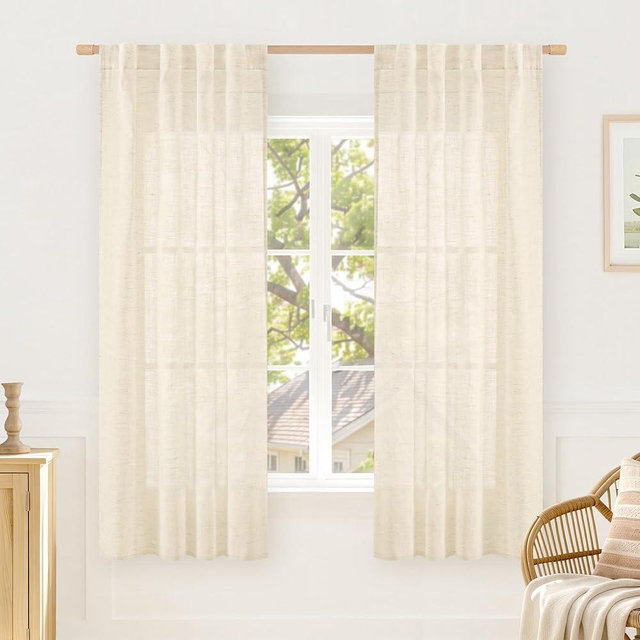 LAMIT Linen Curtains 63 Inch for Bedroom, Light Filtering Neutral Semi Sheer Window Boho Drapes Back Tab and Rod Pocket Panels for Living Room/Small Windows, 2 Panels, 34 x 63 Inch