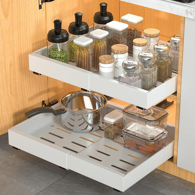 DEKAVA Pull Out Cabinet Organizer Expandable 2 Pack, Adhesive with Nano Film, Pull Out Drawers for Cabinets in Kitchen, Pantry or Bathroom (White, 20")