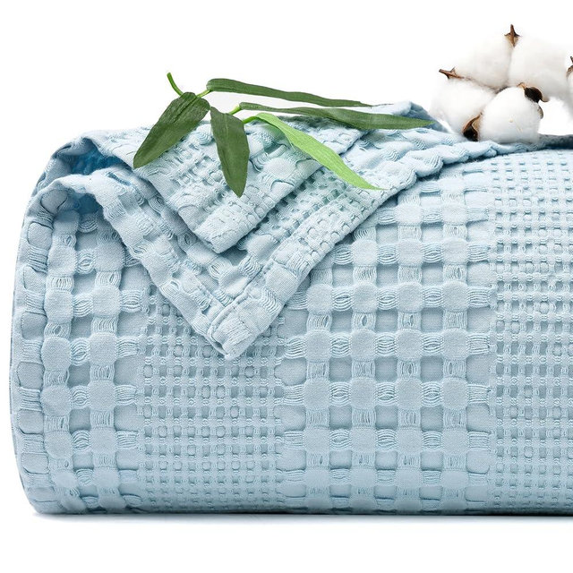 PHF Cooling Waffle Blanket Queen Size,Lightweight 60% Rayon Derived from Bamboo & 40% Cotton Breathable Blanket for Hot Sleepers, Soft and Luxury for Bed Couch and Sofa, 90"x90",Sky Blue