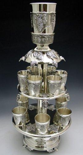 Grapes Motifs Silver Plated 12 Cup Two Tier Kiddush Wine Fountain