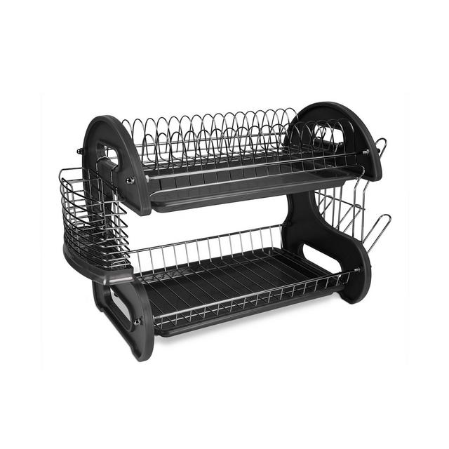 Home Basics 2 Tier Plastic Dish Drainer, Black