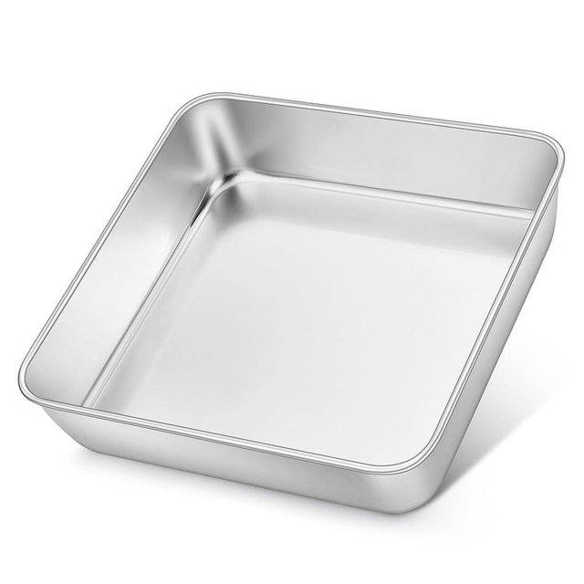 E-far 8x8 Inch Square Cake Pan, Stainless Steel Baking Pan for Lasagna Brownies Casseroles, Silver Square Bakeware for Oven Cooking, Non-Toxic & Rust Free, Dishwasher Safe, 2 Inch deep
