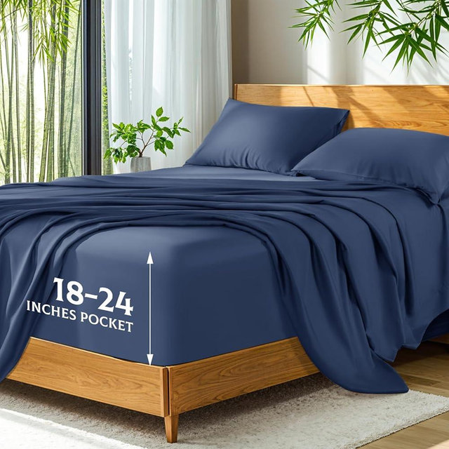 SONORO KATE 100% Viscose Derived from Bamboo_, Extra Deep Pocket up to 18"-24",Ultra Soft & Cooling Sheets for Hot Sleepers, Hotel Luxury Silky Bed Sheets (Navy Blue,Queen)