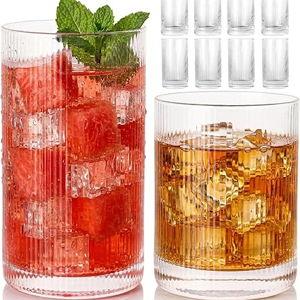 JOVGANK Drinking Glasses Set of 8 – Lead-Free Crystal Glassware, 4 Tall 15oz & 4 Short 10oz Vintage Ribbed Tumbler Glasses, Dishwasher Safe, for Juice Beer Cocktails, Great Housewarming Gift, Set A