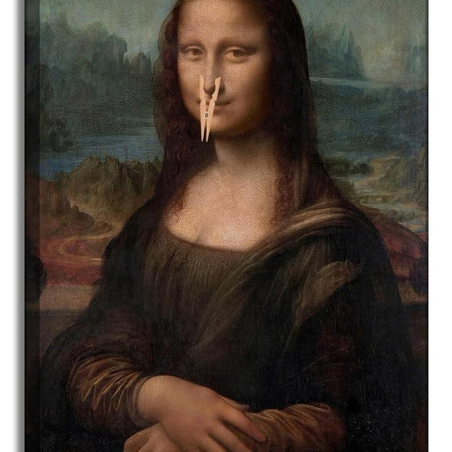 Framed Funny Bathroom Canvas Wall Art Vintage Mona Lisa Bathroom Paintings Pictures Wall Decor Toilet humor Pinching Nose Poster Printing Artwork for Bathroom Toilet Home Decoration