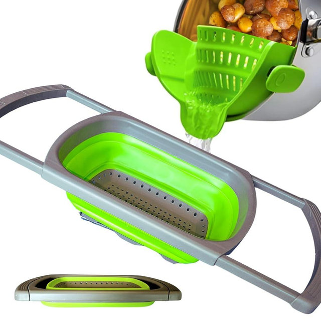 TEN73 2-in-1 Silicone Strainer Set | Collapsible Colander | Over the Sink Silicone Collander With Extendable Handle | Clip-on Pot Strainer for Pots and Pans| Space-Saving, Heat-Resistant