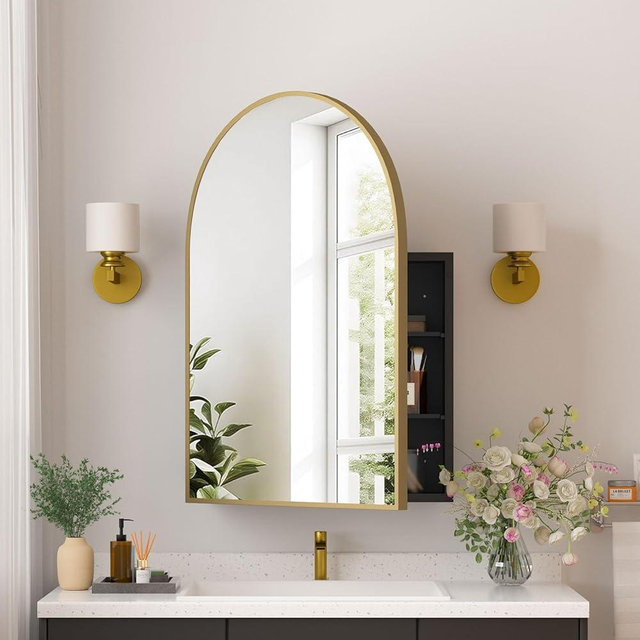 Medicine Cabinets for Bathroom, Brush Gold Arched Medicine Cabinet Recessed or Surface Wall-Mounted,Modern Bathroom Vanity Mirror with Storage, Mirrored Cabinet with Adjustable Shelves,20x30 Inch