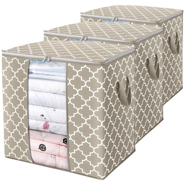 WISELIFE Storage Bags 3 Pack/100L Large Blanket Clothes Organization and Storage Containers for Comforters,Bedding, Foldable Organizer with Reinforced Handle, Clear Window, Sturdy Zippers,Beige