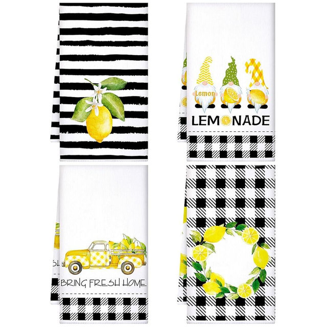 Bencailor 4 Pcs Sunflower Kitchen Towels Summer Sea Beach Flower Floral Cow Kitchen Dish Towels Fast Drying Kitchen Decor for Cooking(Yellow,Lemon)