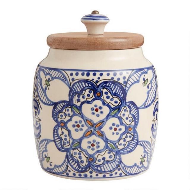 Tunis White and Blue Ceramic and Wood Storage Canister