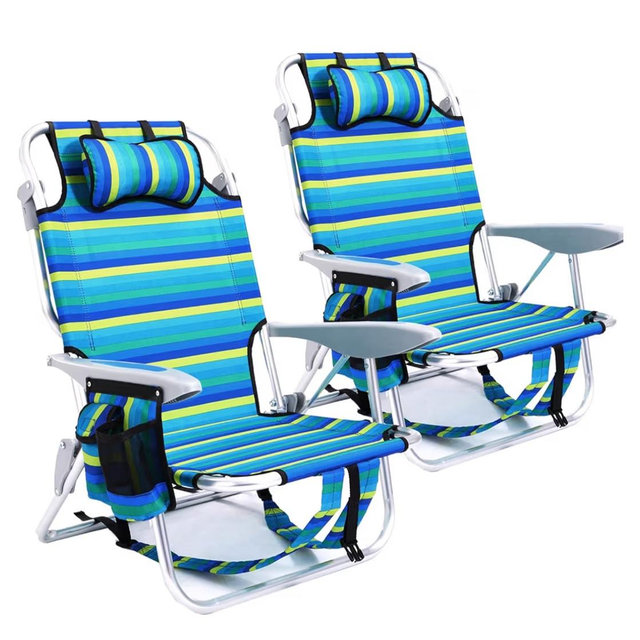 2 Pack Lightweight Portable Camping Beach Chair for Adults, Outdoor Lay Flat Folding Beach Chairs with 5 Positions, Backpack Beach Chair with Towel Bar, Zipper Pouch, Cup Holder, Ocean Striped