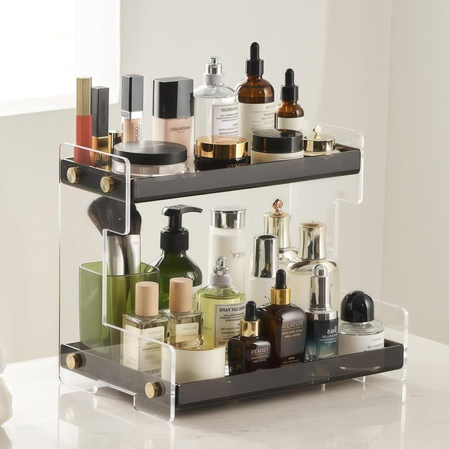 Bathroom Organizer Countertop, 2-Tier Acrylic Bathroom Counter Organizer Makeup Organizer for Vanity Spice Rack Organizer, Brown