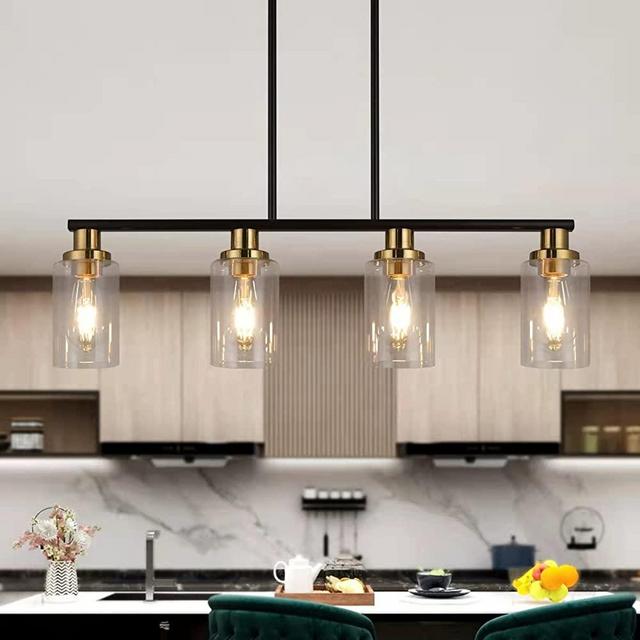 KPIOK Island Light for Kitchen, 4-Light Dining Room Light Fixture with Clear Glass Shade, Matte Black and Gold Finish Kitchen Island Pendant Lighting for Dining Table Kitchen Island Living Room