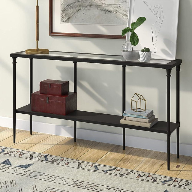 Nellie 55'' Wide Rectangular Console Table with Metal Shelf in Blackened Bronze