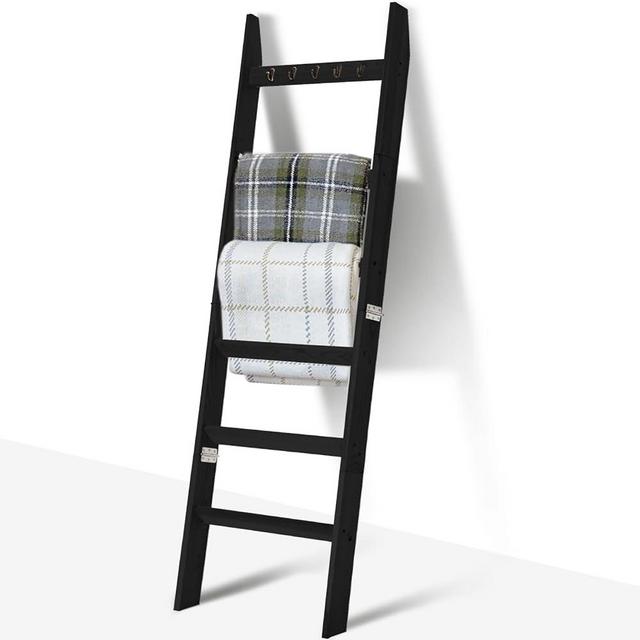 TEAKMAMA Blanket Ladder for Living Room and Bedroom, 5.4 Ft Wall Leaning Blanket Rack, Rustic Decorative Farmhouse Blanket Storage, Quilt Rack, Ladder Holder, Easy to Assemble (Black)