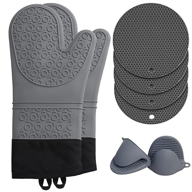 AOFUXTI Silicone Oven Mitts and Pot Holders Sets - Extra Long Heat Resistant Oven Gloves with Hot Pads and Mini Oven Mittens for Grilling, Kitchen Baking Cooking, Soft Quilted Liner, Pack of 8 (Gray)
