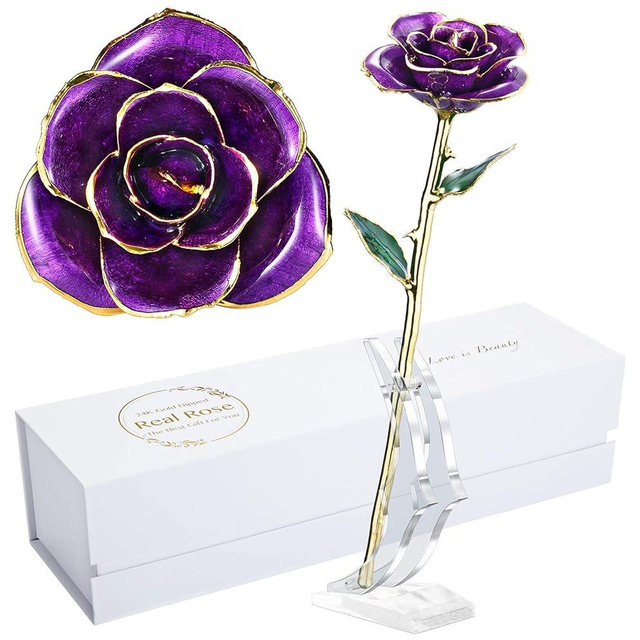 MAXSPT Anniversary Rose Gift for Wife, Forever 24k Gold Real Rose and Best for her Rose, Purple with Stand