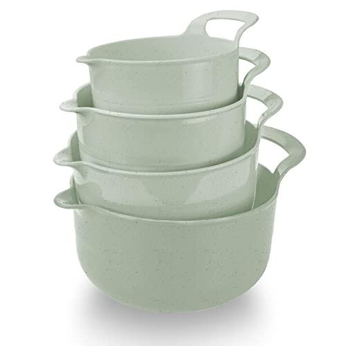 Cook with Color Mixing Bowls - 4 Piece Nesting Plastic Mixing Bowl Set with Pour Spouts and Handles (Speckled Mint)