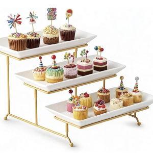 Gomakren 3 Tier Serving Stand with Porcelain Serving Platter Tray - Collapsible Gold Stand with 3 Piece Large14 Inch White Plates for Food Presentation Dessert Server Display and Entertaining