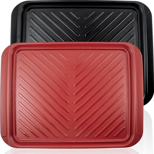 ECOIOU Extra Large Grilling Prep and Serve Trays, 17.3x13 inch BBQ Tray for Raw and Cooked Food, Melamine Serving Trays for Food, Set of 2, Black and Red, Cleaning pack Included