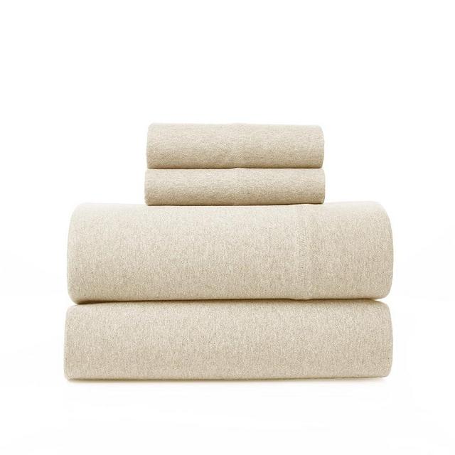 Road Trip America Jersey Knit Sheet Set - 4 Pieces Queen Cotton Sheets Set - Soft Cozy Stretchy Knit Bed Linen (Oatmeal, Queen)