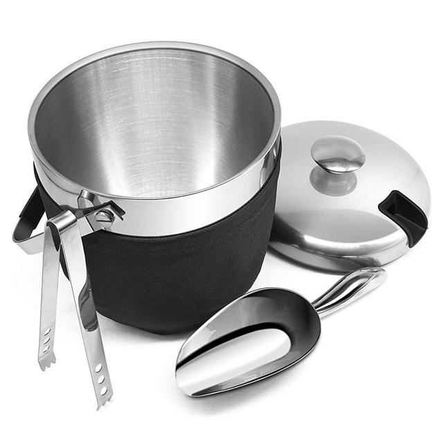 Fortune Candy Insulated Ice Bucket, Double Walled Stainless Steel Ice Bucket with Ice Tongs, Scoop, Lid, and Exclusive Handmade Nylon Holder, 2.8 L (Black)