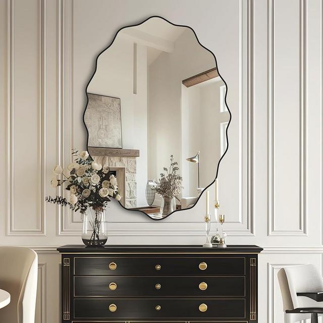 Homsion Irregular Wall Mirror Asymmetrical Mirror,26"x36" Wall Mirrors Decorative Mirror Wall-Mounted Mirrors Modern Unique Organic Mirror for Wall Decor Living Room Bathroom Bedroom Entryway Black