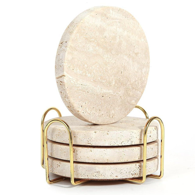 Itombuilty 4Pcs Travertine Coasters with Nature Limestone Material and Gold Metal Holder, 4”Diameter Round Shape Bar Coasters Set with Cork Pad for Housewarming Christmas Birthday Gift