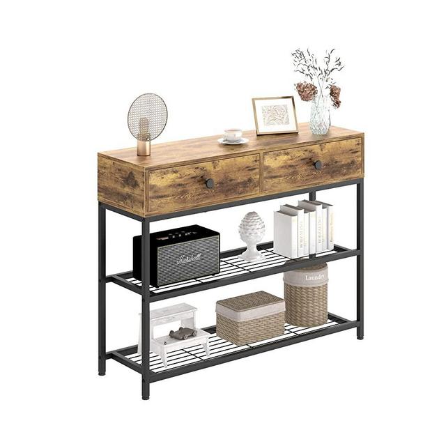 Console Table with 2 Drawers, Heavy Duty 3 Tier Narrow Sofa Table Small Entryway Table with Storage Shelves, Industrial Hallway Foyer Behind Couch Table for Living Room, Easy to Assemble, Rustic Brown