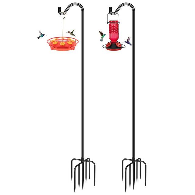 FEED GARDEN Adjustable Shepherd Hook Bird Feeder Pole with 7 Prongs Base, 108 Inch Tall 5/8 Inch Thick, Heavy Duty Outdoor Garden Poles for Hanging Bird Feeders, Plant Baskets, Black (2 Pack)