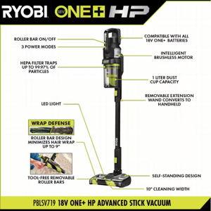 RYOBI ONE+ HP 18V Cordless Advanced WHISPER Series Stick Vacuum Kit with 4.0 Ah Battery and Charger