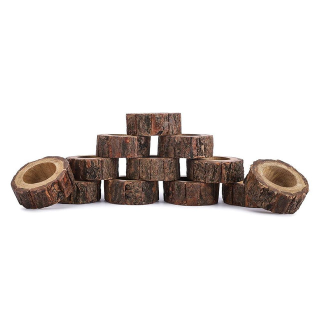 Ajuny Napkin Rings Wooden Set of 12 Handmade 1.5 Inch Decorative Round Shaped Holders with Bark Edge Natural Design for Table Dining, Parties, Special Occasions Kitchen & Home Decor Gift
