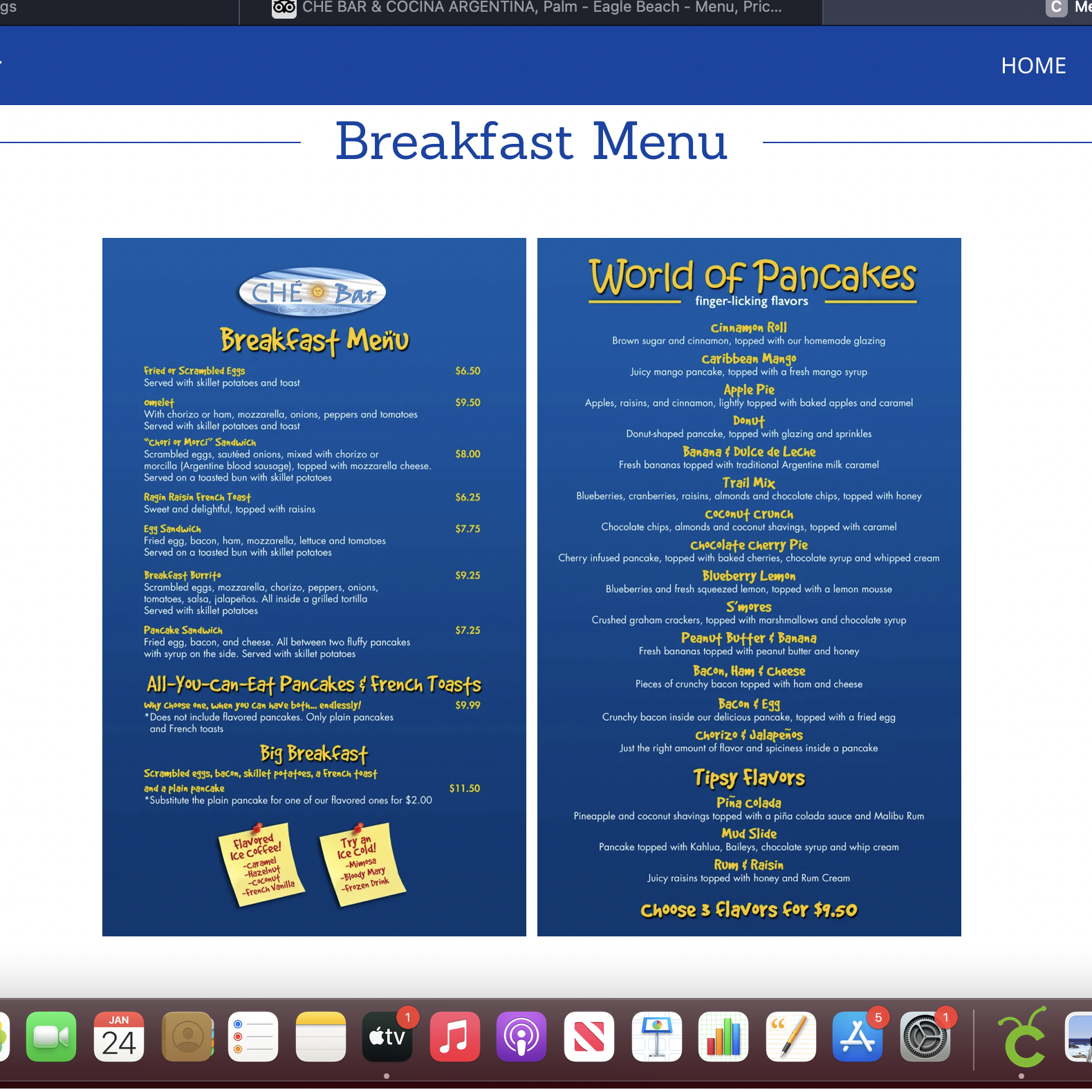 che Bar and Cocina Argentina breakfast menu- located across the street from the Holiday Inn