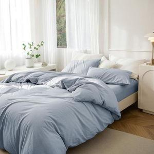 JIYUAN 100% Washed Cotton Duvet Cover Set 3 Pieces King, 1 Duvet Cover 104x90 Inches(Comforter Not Included) and 2 Pillowcases,Linen Feel Bedding Set Comfy and Breathable, Heathered Light Blue