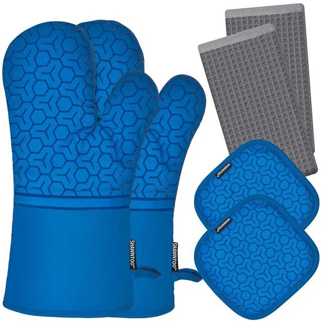 Oven Mitts and Pot Holders Set 6pcs, Kitchen Oven Glove,High Heat Resistant 550 Degree Extra Long Oven Mitts and Potholder with Non-Slip Silicone Surface for Cooking Baking Grilling… (Dark Blue)