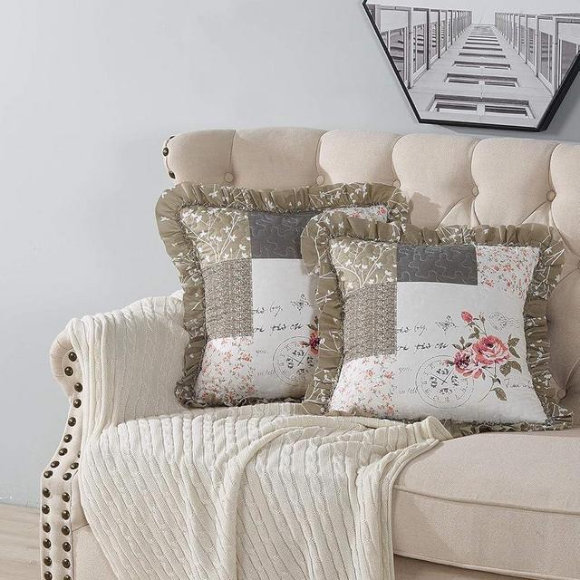 Brilliant Sunshine Rose and Grey Toile Patchwork Ruffle Pillowshams, Quilted Decorative Pillow Covers Set, Square Throw Cushion Cases for Couch, Recliner, Armchair, Bed, 18x18, Pack of 2, Rose Grey