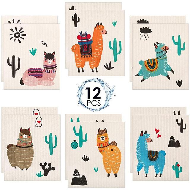 Reusable Swedish Dishcloths Alpaca and Cactus Pattern Sponge Cleaning Cloths Washable Absorbent Dish Cloth Hand Towel for Kitchen Cleaning Wipe, 6 Styles (12 Pieces)