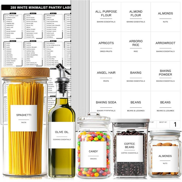 Kuocodall 288 Pantry Labels for Food Containers, Preprinted Minimalist Waterproof Stickers for Organizing Storage Bins, Jars and Kitchen