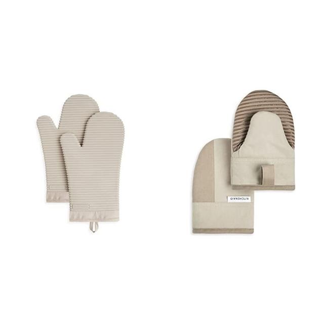 KitchenAidKitchenAid Ribbed Soft Silicone Oven Mitt Set, 7"x13", Milkshake 2 Count & Beacon Two-Tone Mini Oven Mitt 2-Pack Set, Milkshake Tan/Beige, 5.5"x8"KitchenAid