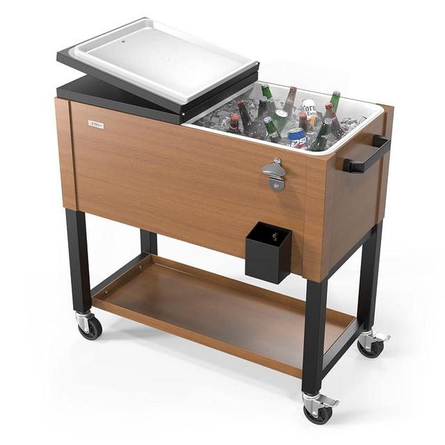VINGLI 80 Quart Rolling Ice Chest on Wheels, Portable Patio Party Bar Drink Cooler Cart, with Shelf, Beverage Pool with Bottle Opener,Water Pipe