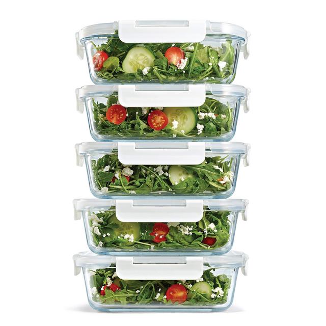 Fit & Fresh Glass Containers, Set of 5 Containers with Locking Lids, Meal Prep, 5-Pack, Glass Storage Containers with Airtight Seal, 35 oz.