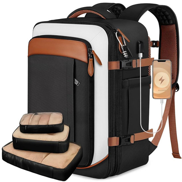 Vancropak Flight Approved 40L Expandable Carry On Travel Backpack, Lightweight Weekend & Short Trip Travel Bag with 3 Packing Cubes, Water-Resistant Anti-Theft Luggage for Men Women, Black White Brown