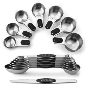 Spring Chef Magnetic Measuring Cups & Spoons Set, Patented, Strong N45 Magnets, Heavy Duty Stainless Steel Fits in Spice Jars for Baking & Cooking, BPA Free, Round Set of 15 with Leveler, Black