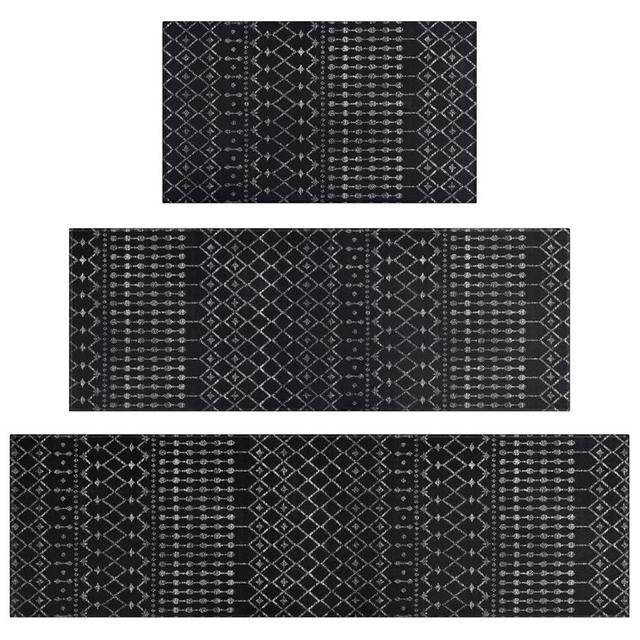 Black Boho Kitchen Rugs Set of 3,Moroccan Modern Farmhouse Kitchen Mats for Floor,Geometric Pattern Non-Slip Washable Sink Mats Home Decor Doormat+Runner Rug