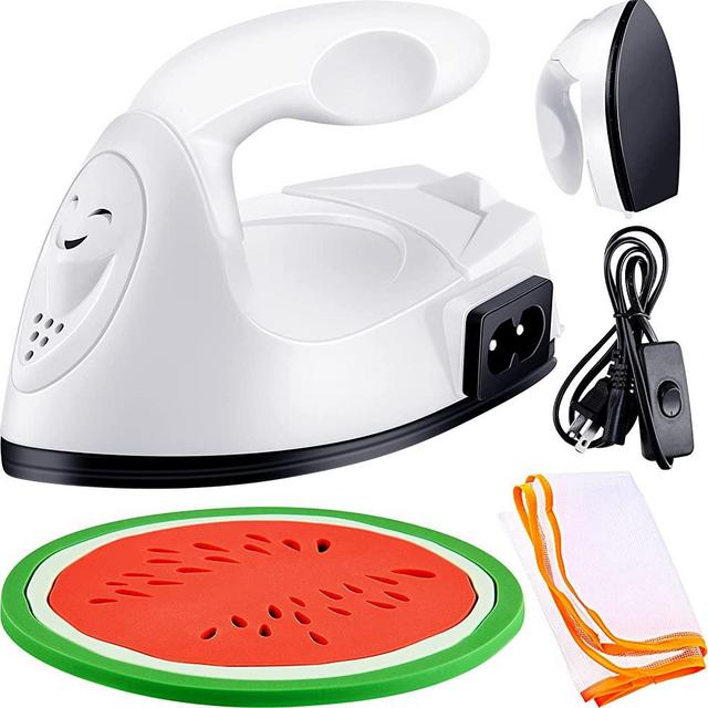 Mini Heat Press Machine Mini Iron Heat Transfer Machine Portable Heat Press Machine with Mesh Cloth Pressing Cloth Pad Silicone Pad, Charging Base Accessories for T-Shirt Shoe Bag (White)