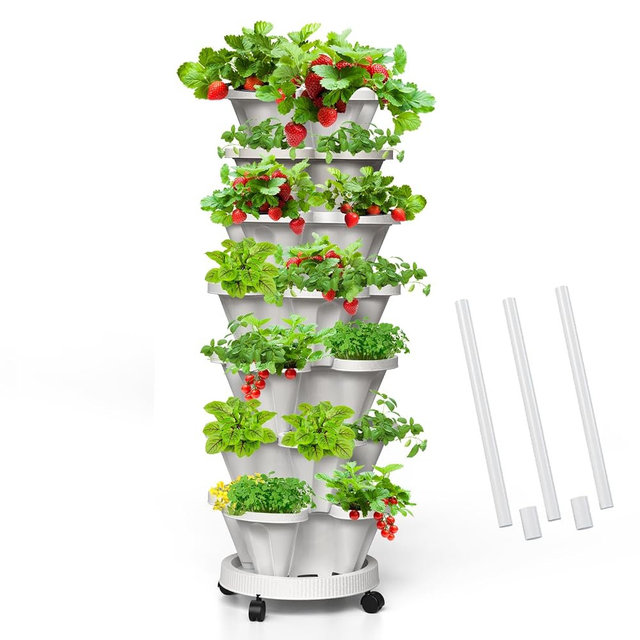 Tectsia Strawberry Vertical Planters, 7 Tiered Stacking Tower Garden with Support Pole, Stackable Herb Vegetable Planters Indoor and Outdoor - White